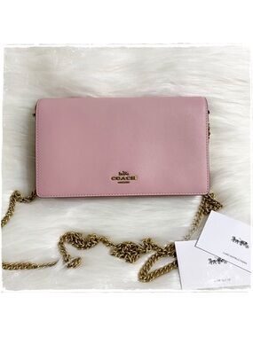Coach Callie Blossom Pink Leather Foldover Chain Clutch Bag 68032